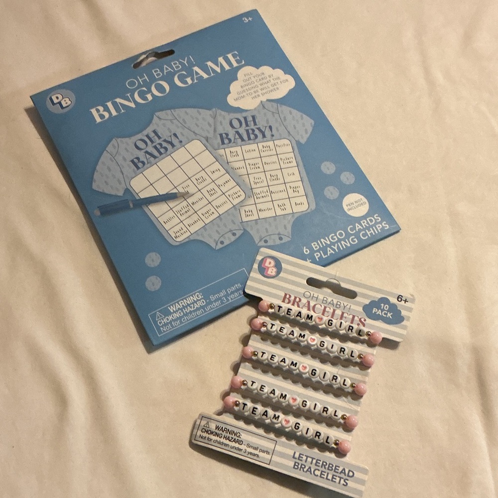 NEW Baby Shower Bingo & 5 piece Team Girl Letterbead Bracelet Set